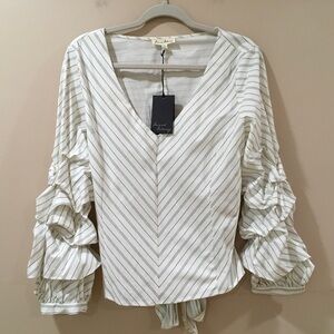 JANE AND DELANCEY Top Blouse Women XL White Striped Ruched Sleeve Classic New
